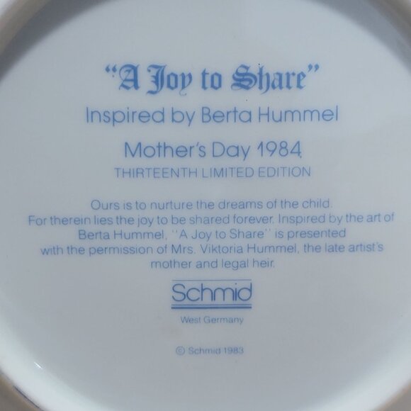 Schmid Hummel Mother's Day 1984 A Joy To Share Decorative Wall Hanging Plate - Picture 5 of 11